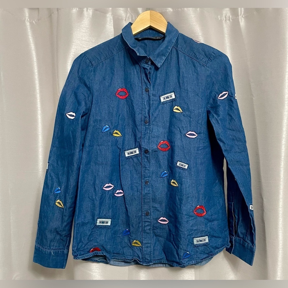 ZARA Novelty Lips Cassette Tape Embroidered Top button down